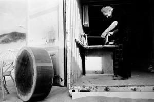 Theo Jansen working in his ship container atelier.